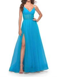 La Femme Tulle A-Line Corset Gown in aqua - women's dress