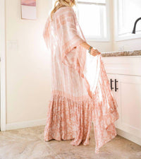 LETO Paisley Longline Ruffle Kimono in blush pink - women's cardigan - detail view
