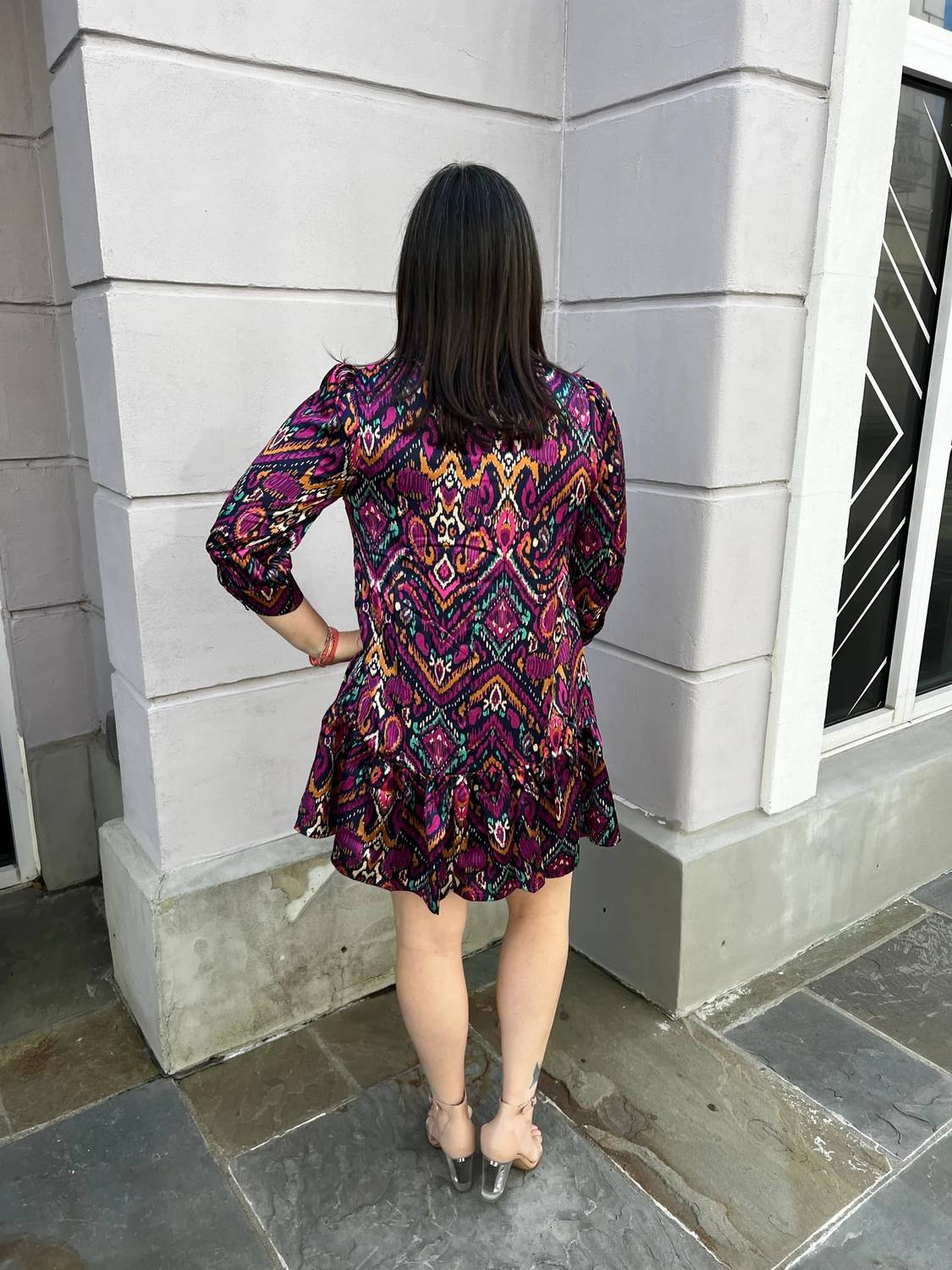 Fate - Abstract Print Tie Neck Ruffle Dress
