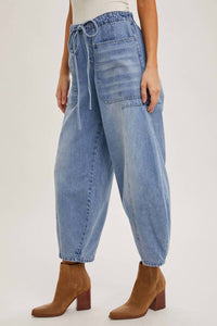 Bluivy - Libby Denim Mid-Waist Drawstrings Barrel Jeans