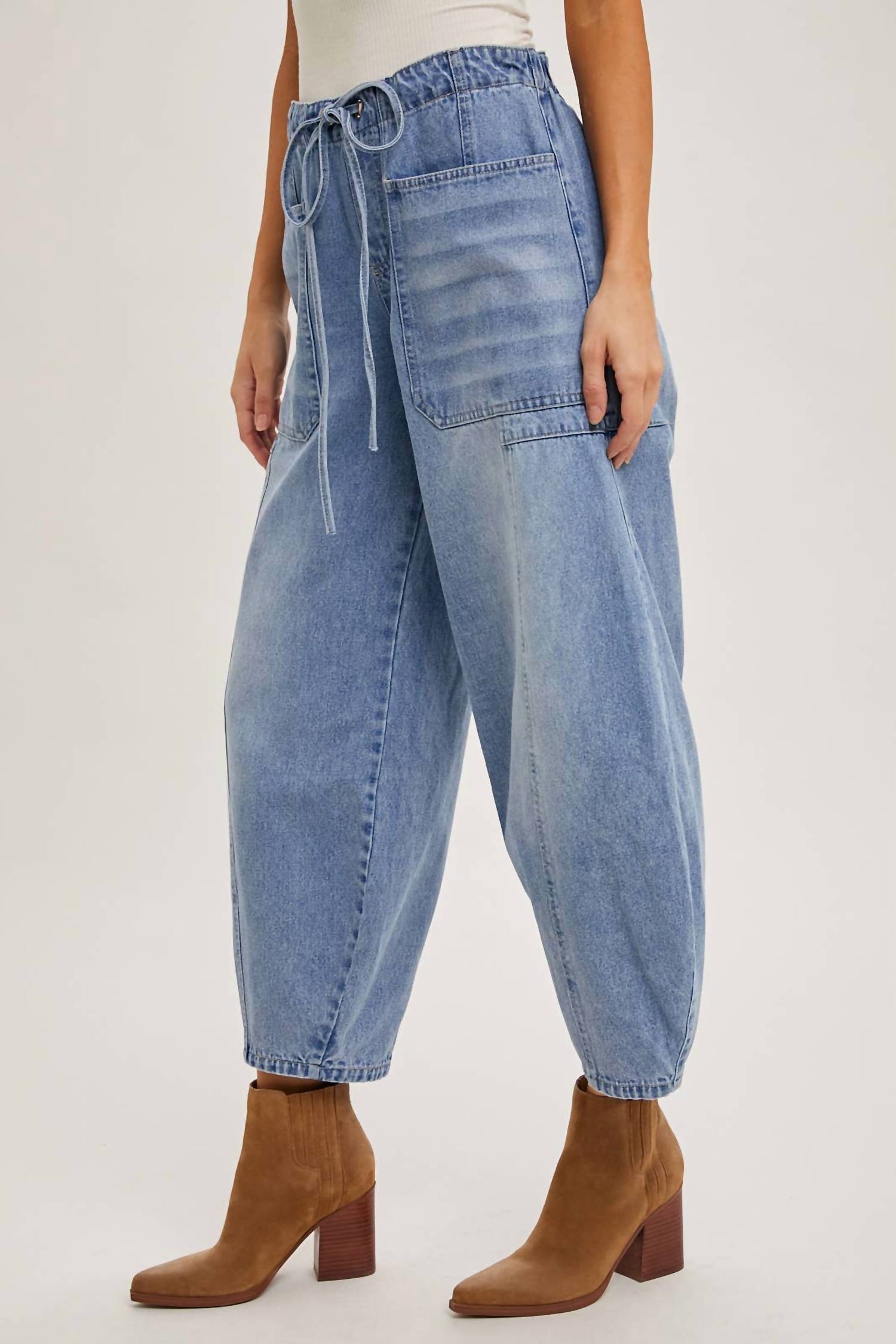Bluivy - Libby Denim Mid-Waist Drawstrings Barrel Jeans