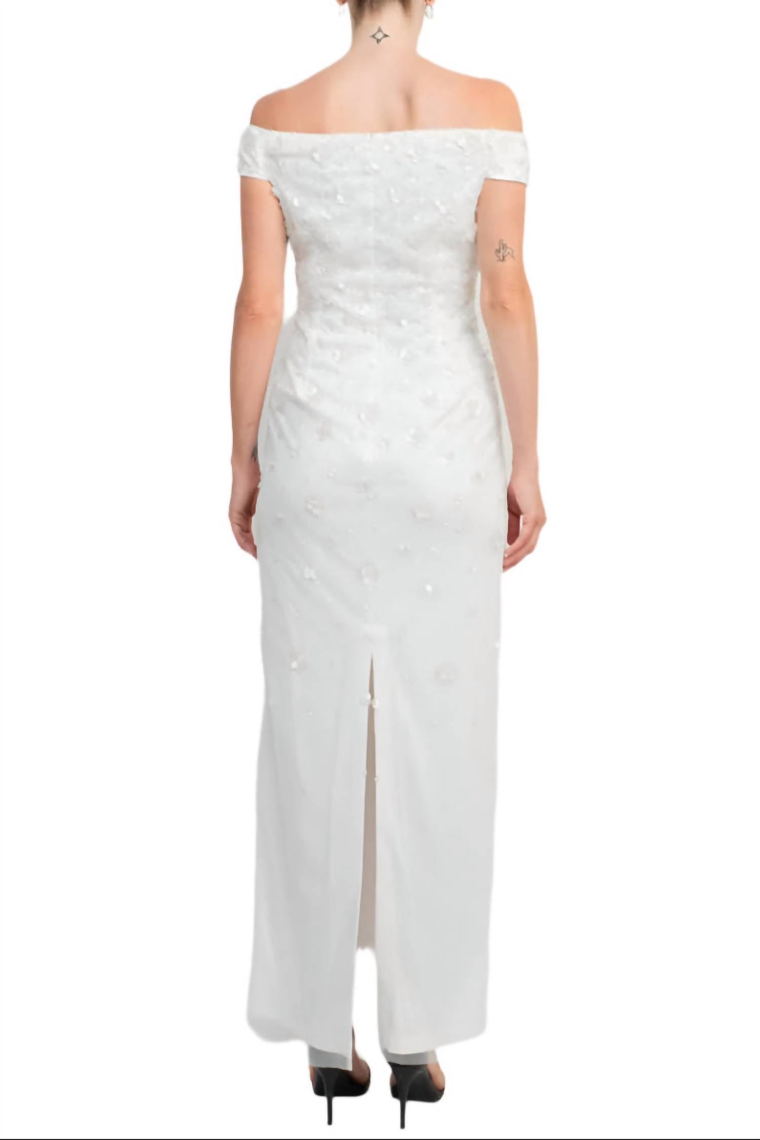 Adrianna Papell - Off-shoulder Sequined Beaded Column Mesh Gown