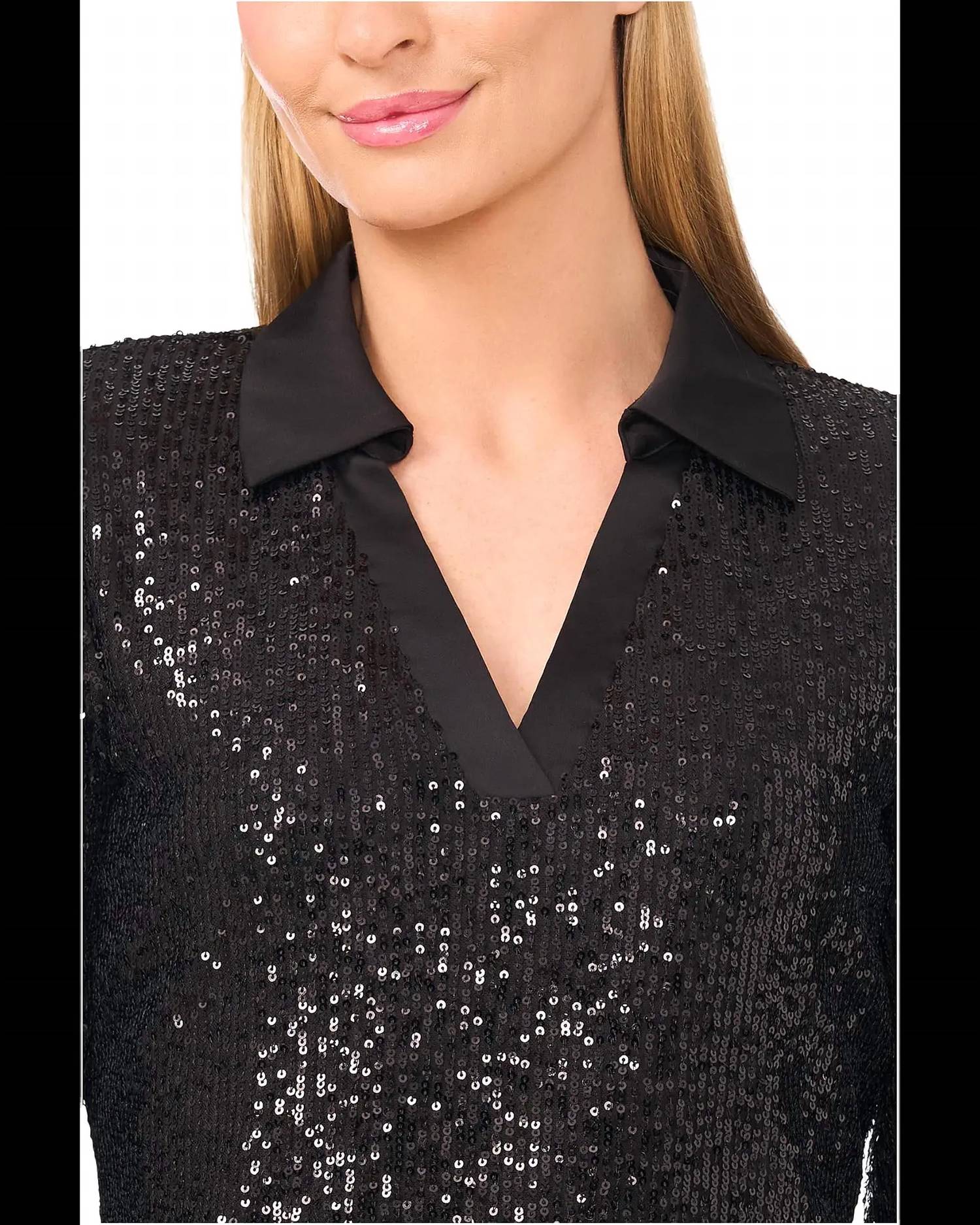 Cece - Sequin Long Sleeve Polo Top