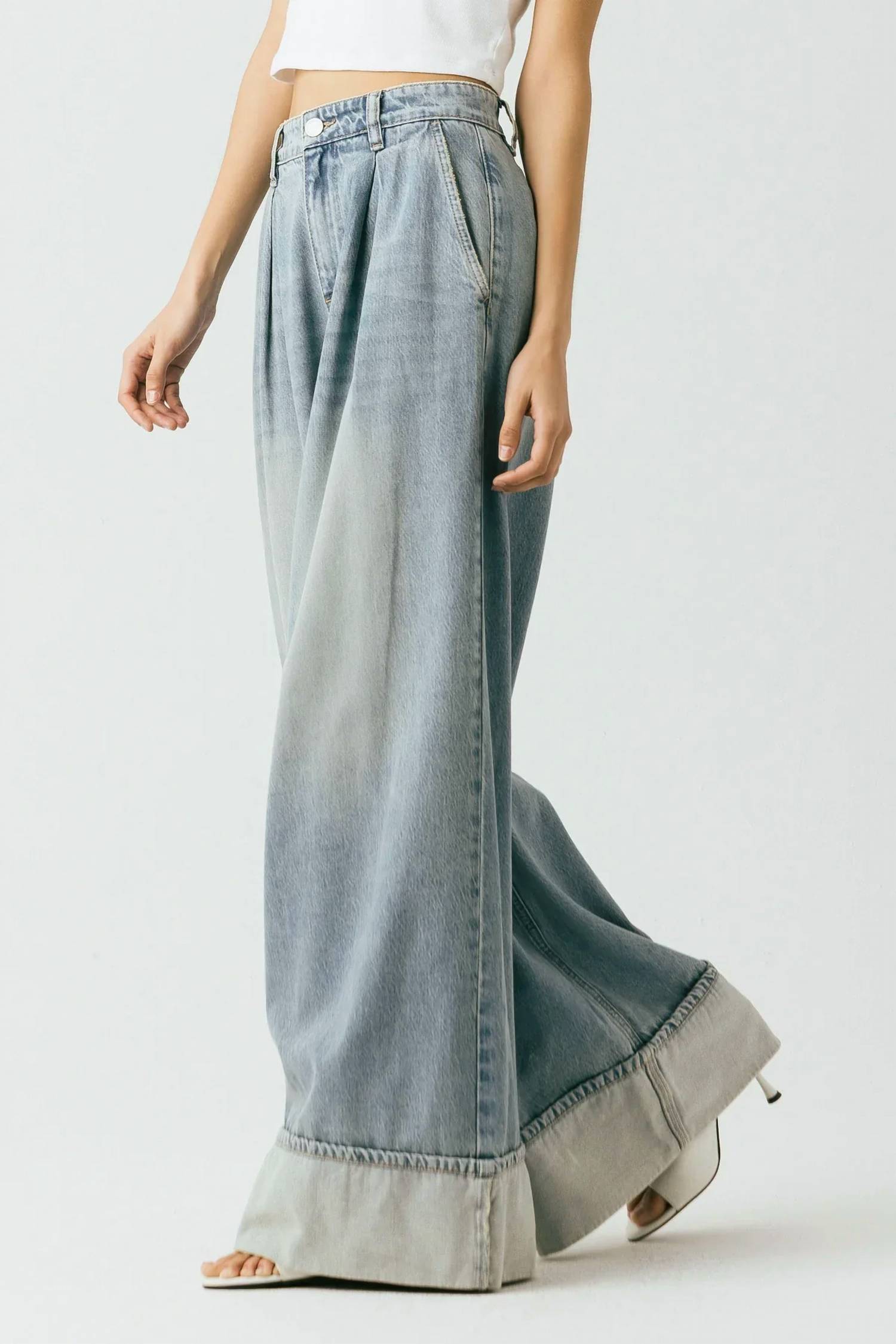 Blanknyc - Cuffed Pleated Denim Wide Leg Trouser Pants