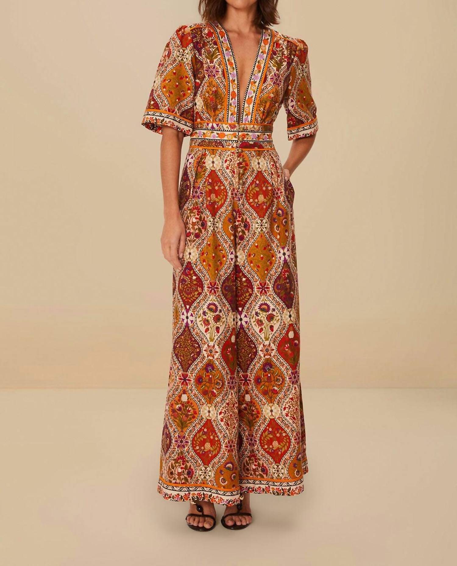 FARM RIO Floral V-neck Jumpsuit in multicolor - women's pants