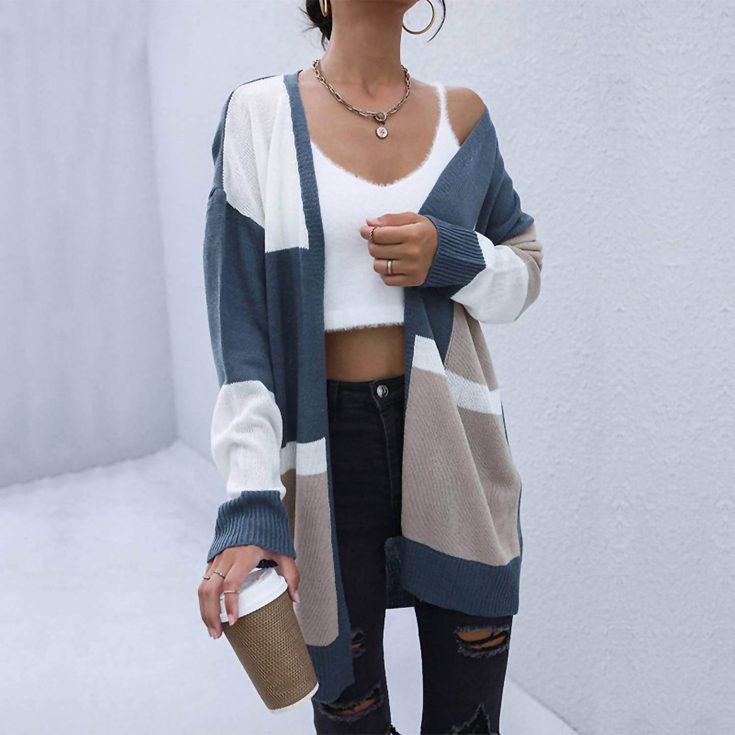Lily Clothing - Long Color Matching Sweater Coat