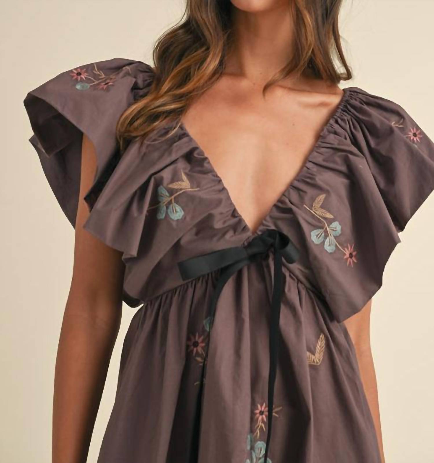 Mable - Galatea Bow Ruffle Sleeve Babydoll Mini Dress