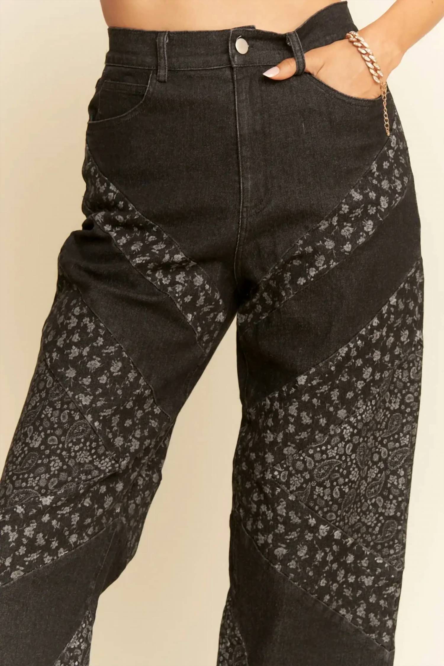 Davi & Dani - Floral High-rise Cotton Blend Wide Leg Jeans