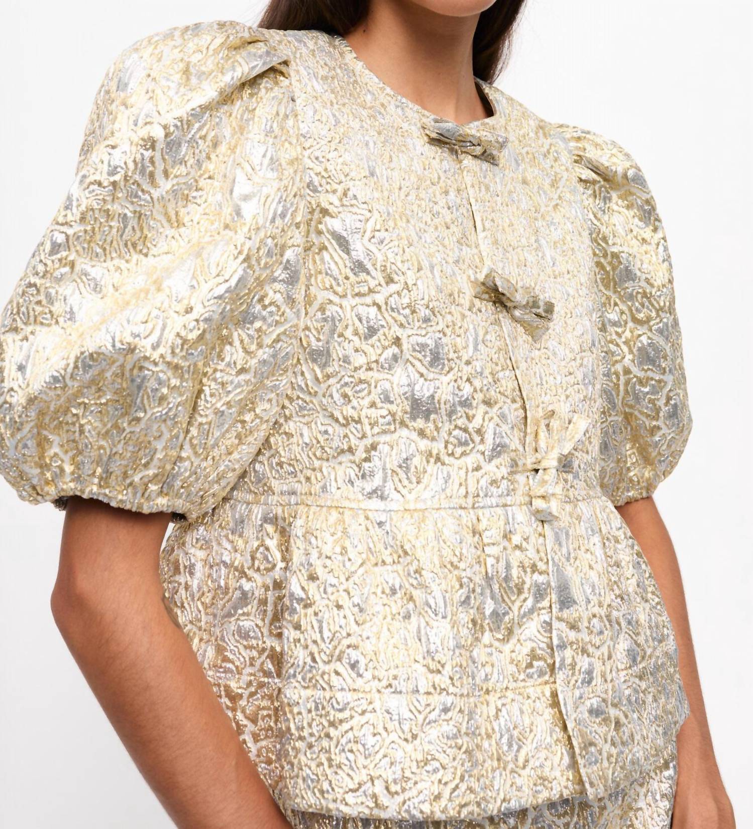 Ganni - Metallic Peplum Tie String Blouse