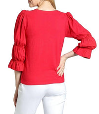 APNY Knit V-neck 3/4 Puff Sleeve Blouse in coral - women's blouse - alternate view