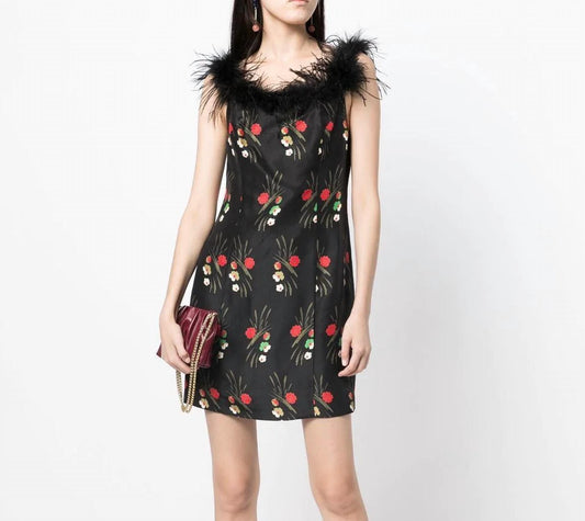 Floral-Print Feather-Trim Mini Dress