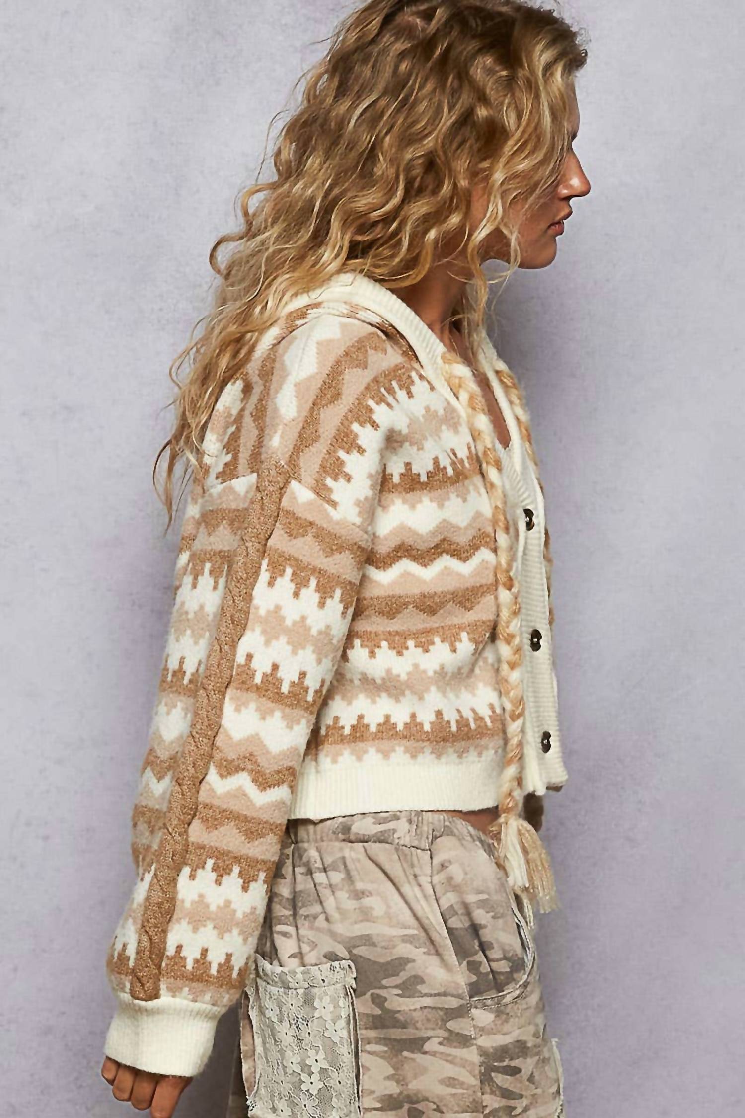 Pol - Array Of Chevron Pattern Hooded Sweater Cardigan
