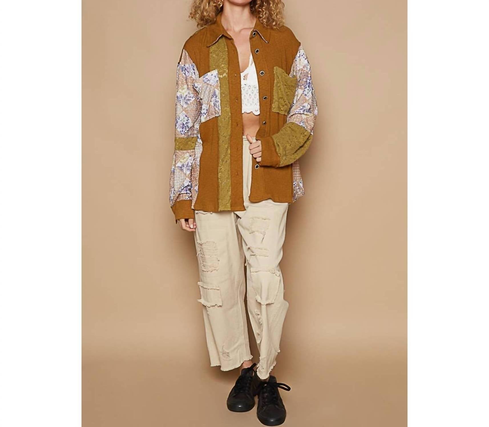 Pol - Oversized Floral Contrast Front Pockets Shirt