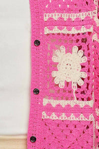 POL Button Collar Granny Square Crochet Shirt Top in pink multi - women's blouse - view 6