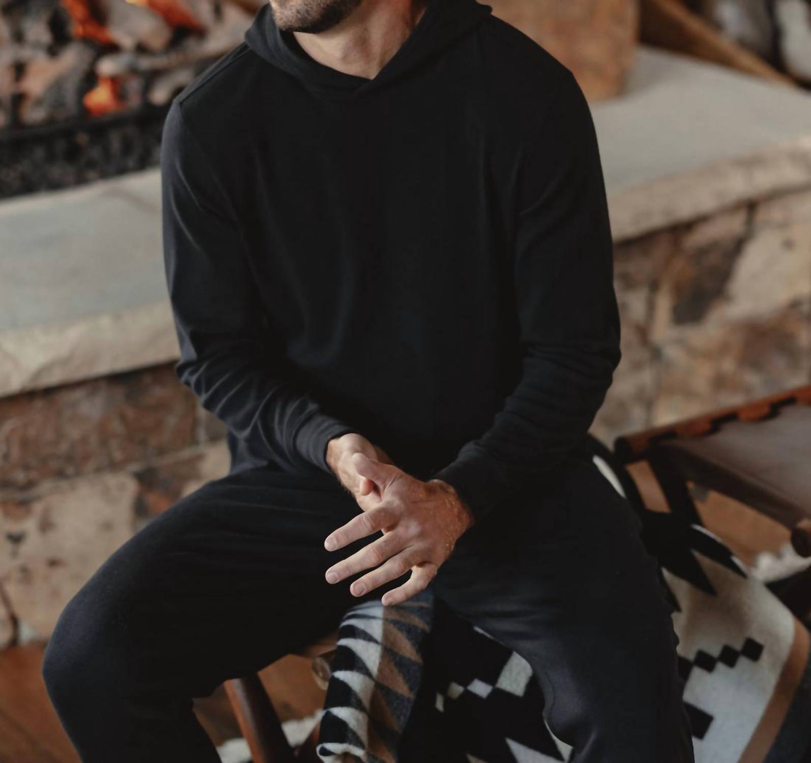 The Normal Brand Puremeso Essential Long Sleeve Hoodie in black - men's shirt - alternate view