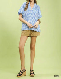 Umgee - Gingham Bubble Sleeve V-neck Top