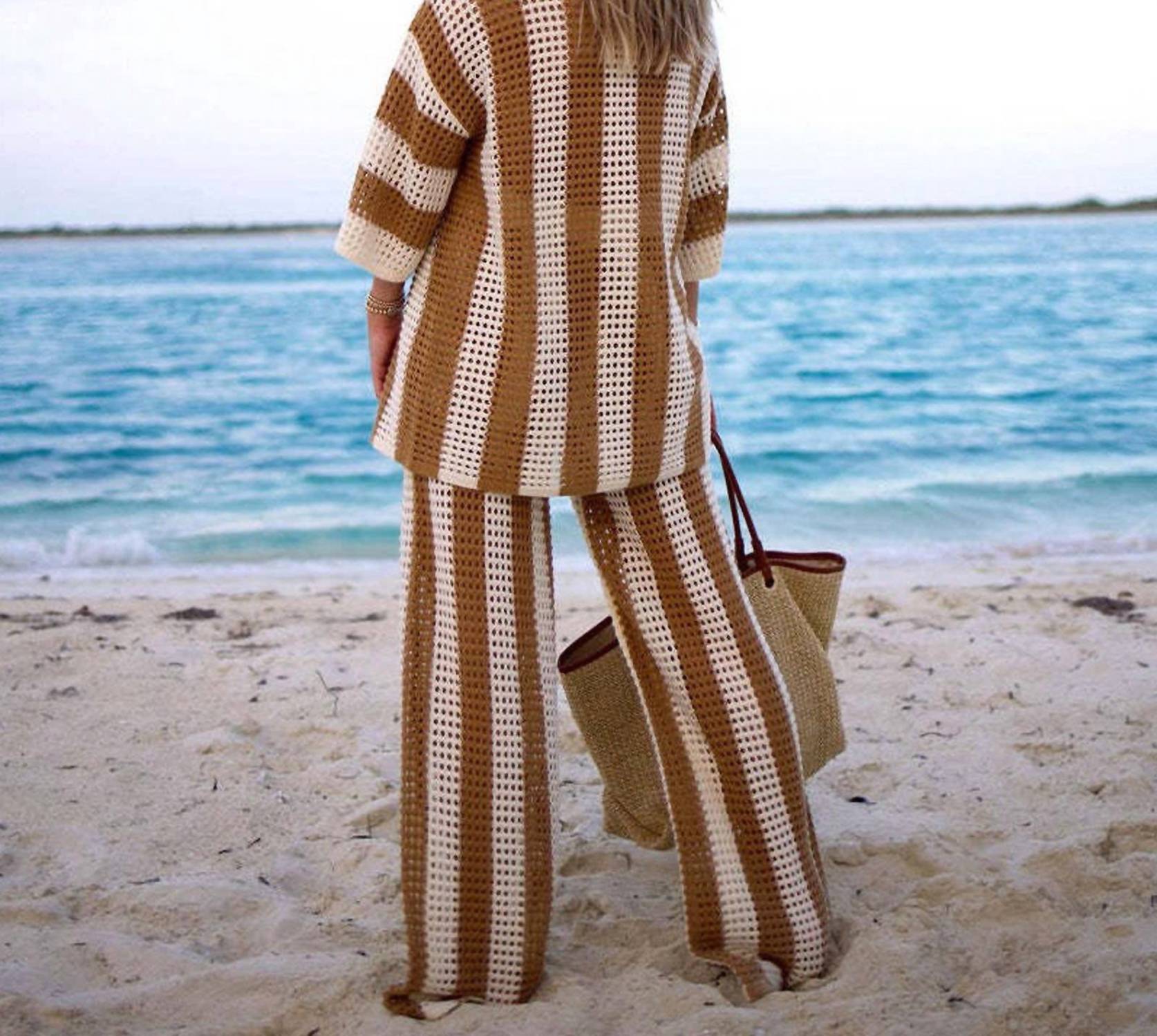 Little Trendy - Cover Up Button Up Tops With Pants Crochet Set