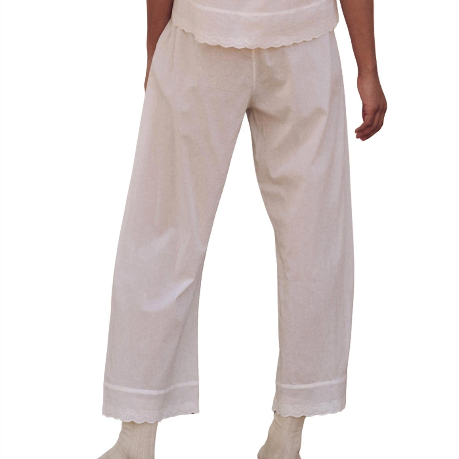 THE GREAT. Women's The Eyelet Easy Sleep Pant in true white - women's pants - detail view