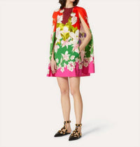 Valentino - Printed Stretch Twill Short Cape Mini Dress