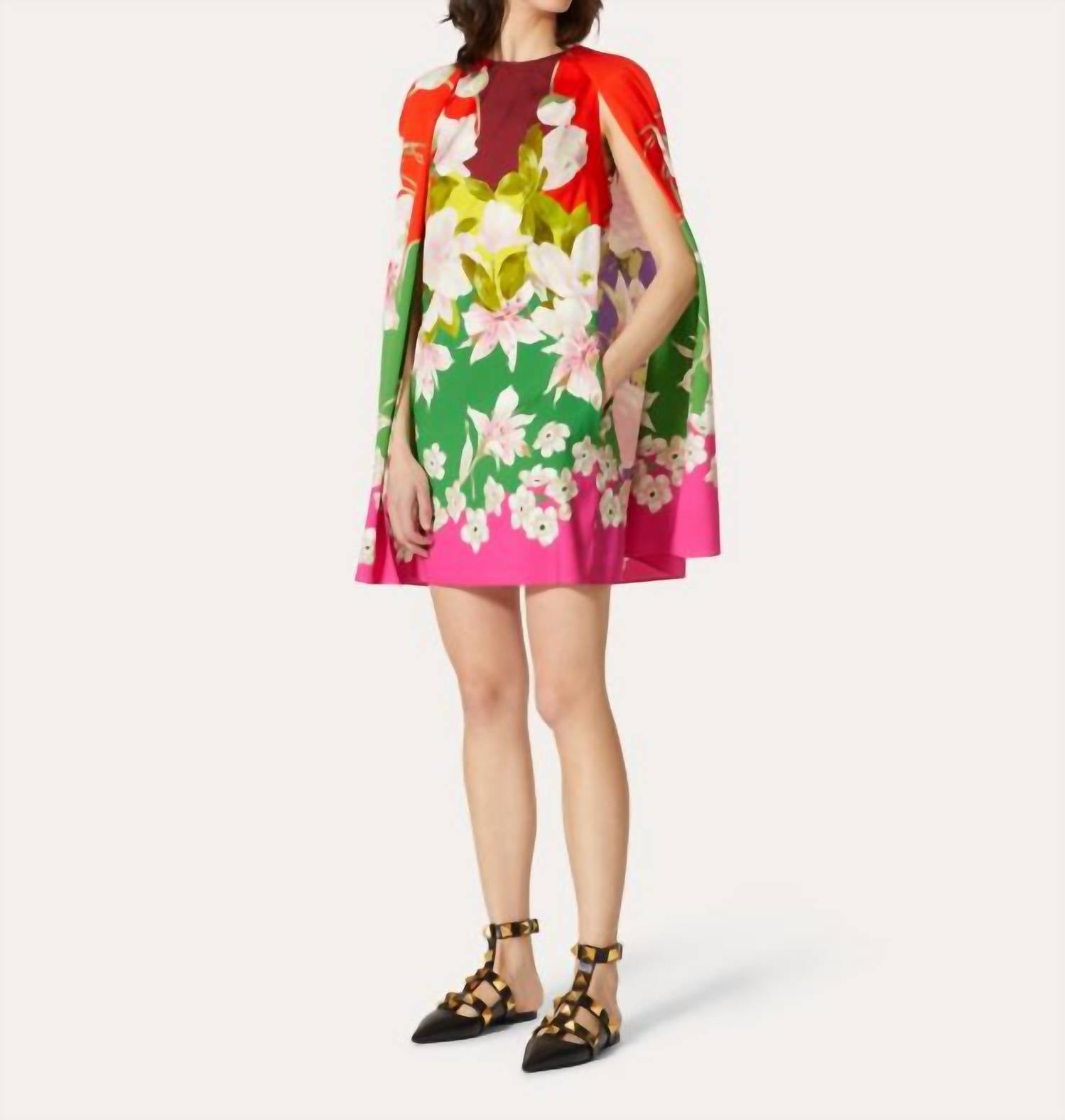 Valentino - Printed Stretch Twill Short Cape Mini Dress
