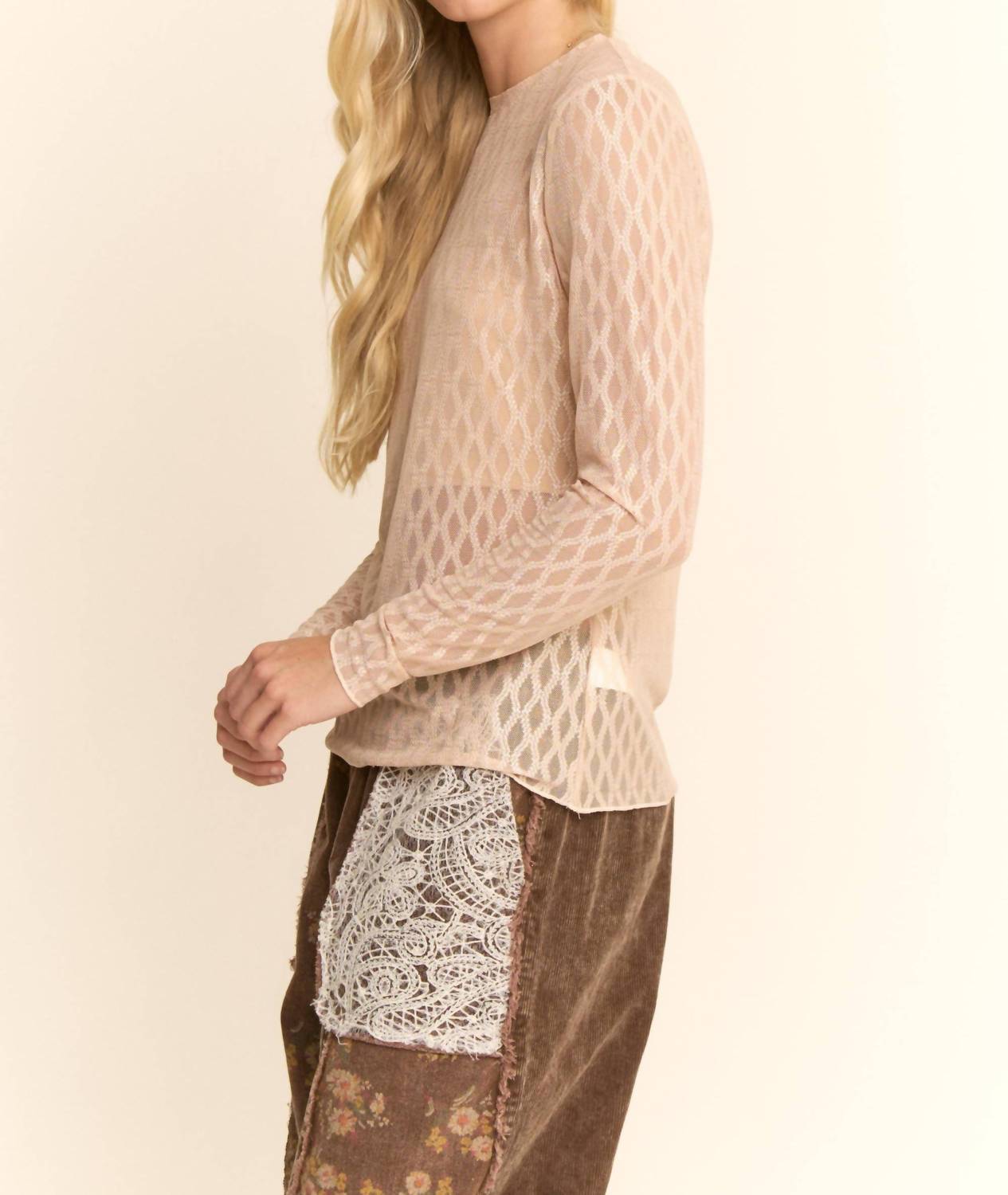 DAVI & DANI Metallic Mesh Long Sleeve Top in cream - women's long sleeve top - detail view