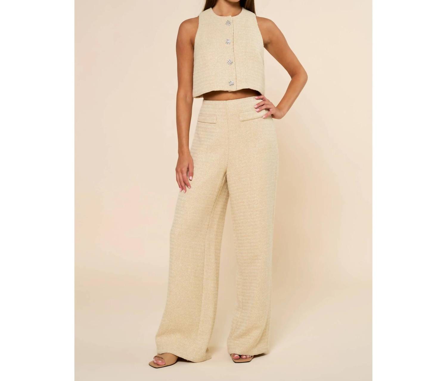 Lalavon - Sleeveless Tweed Cropped Top & Wide Leg Pants Set