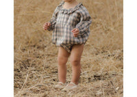 NORALEE Girl's Adeline Romper in holiday plaid - kids' dress - detail view