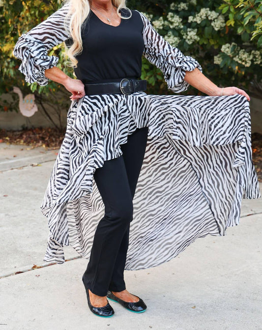 Bodice V Neck Tunic With Zebra Print Sheer Sleeves