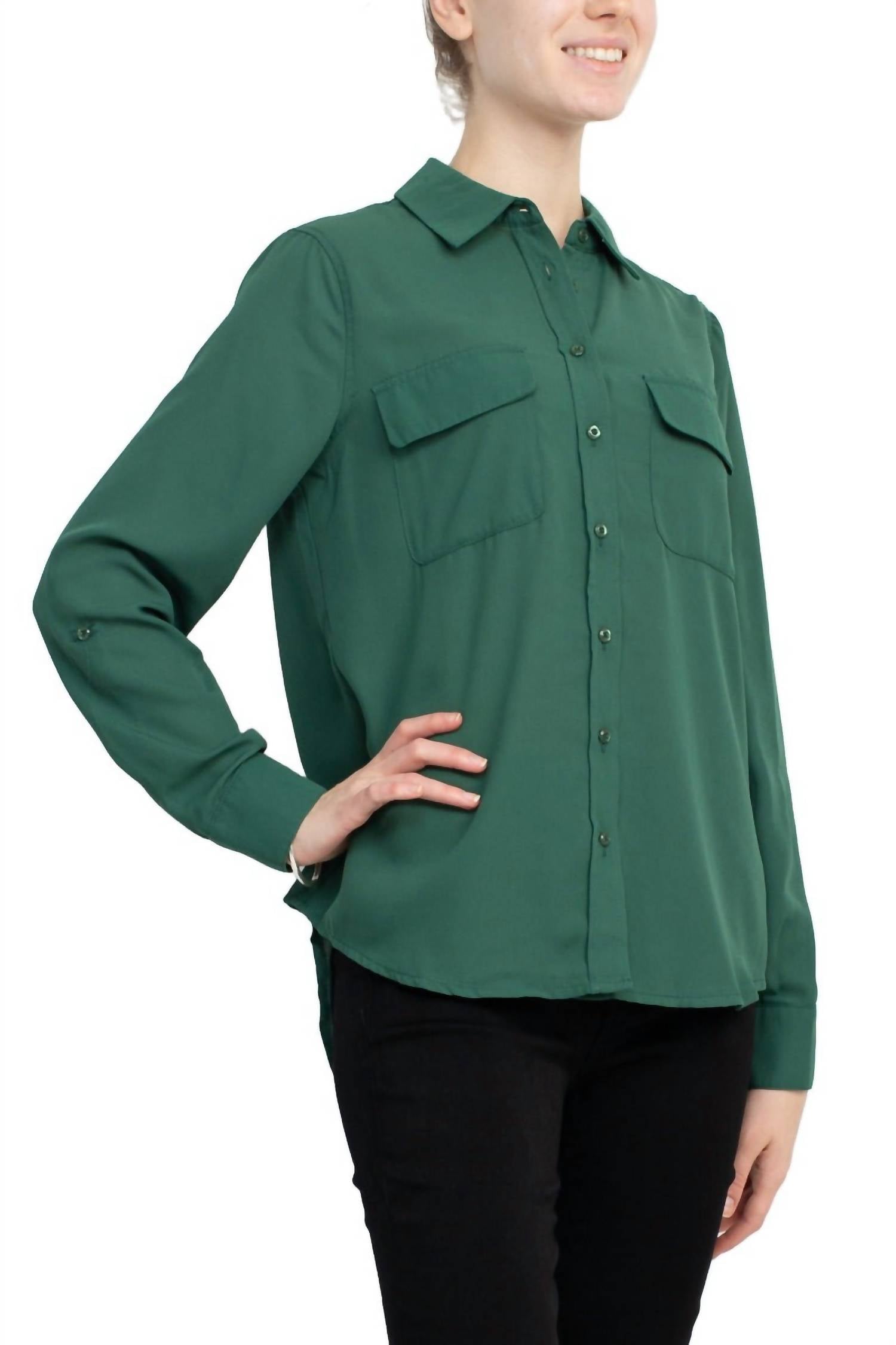 Magaschoni - Collar Neck Long Sleeves Front Button Detail Top