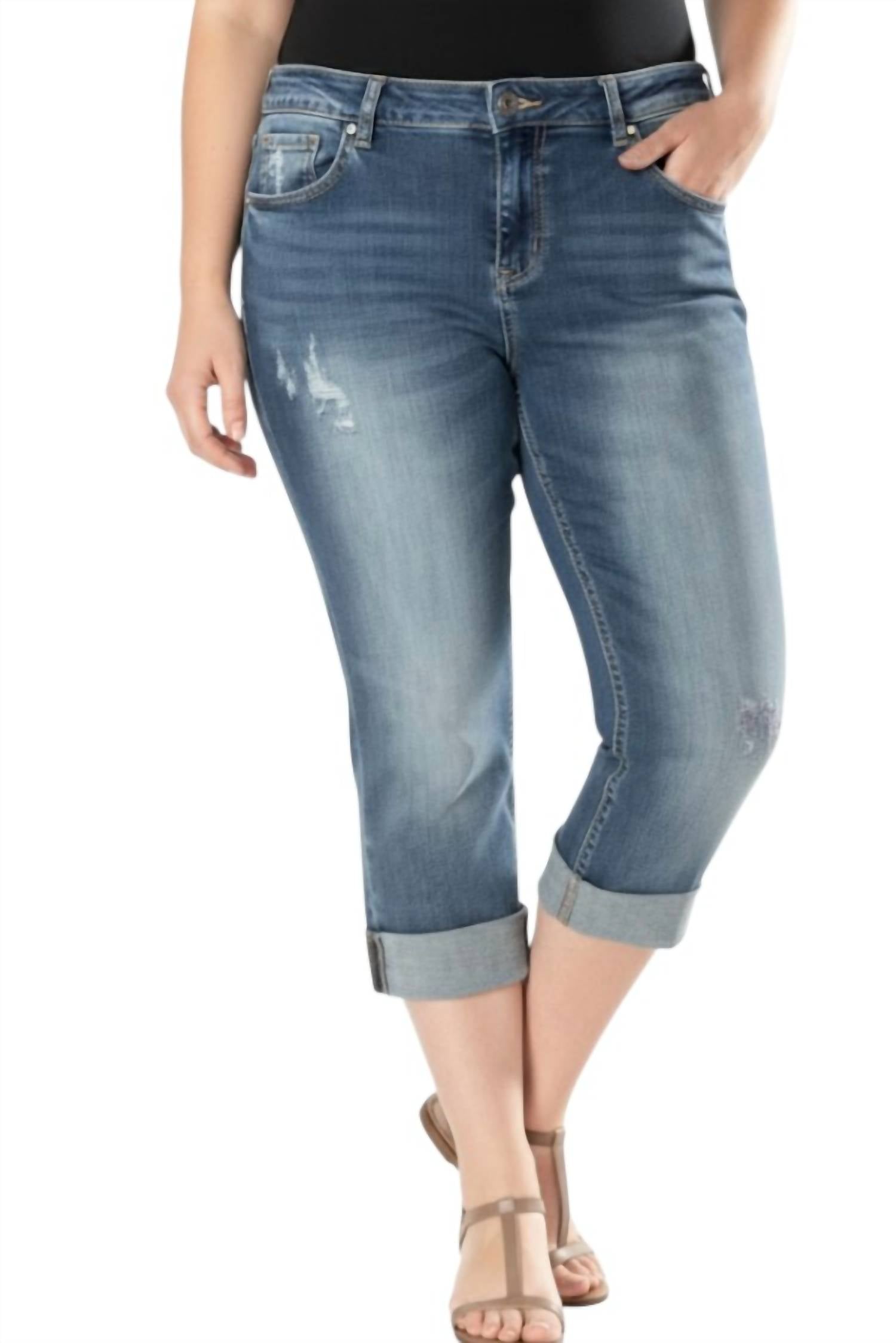 Grace In La - Women's Distressed Cuffed Denim Capris