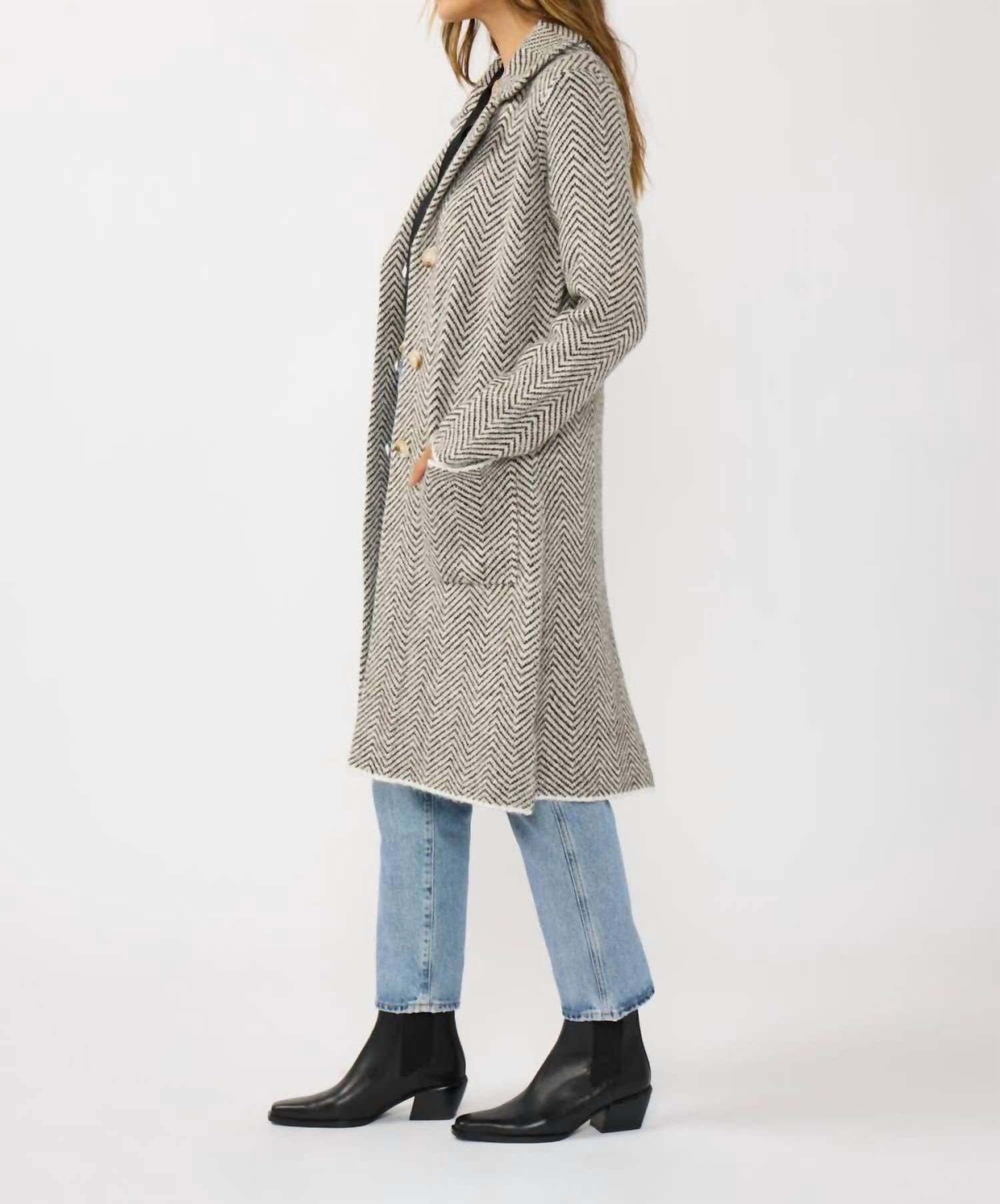 Lovestitch - Herringbone Long Sleeve Button Front Coatigan