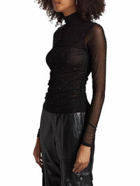 cinq a sept Heatset Shirred Mesh Turtleneck Top in black silver - women's sweater - detail view