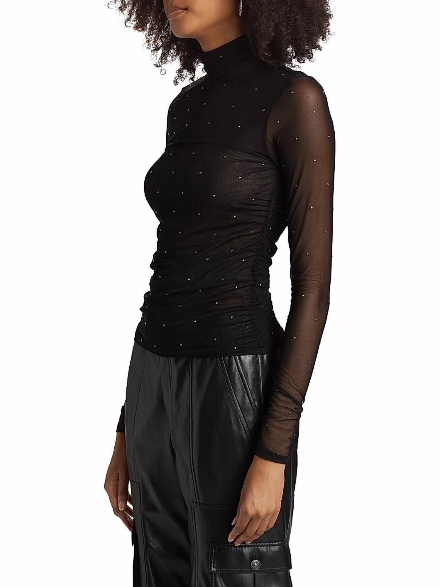 cinq a sept Heatset Shirred Mesh Turtleneck Top in black silver - women's sweater - detail view