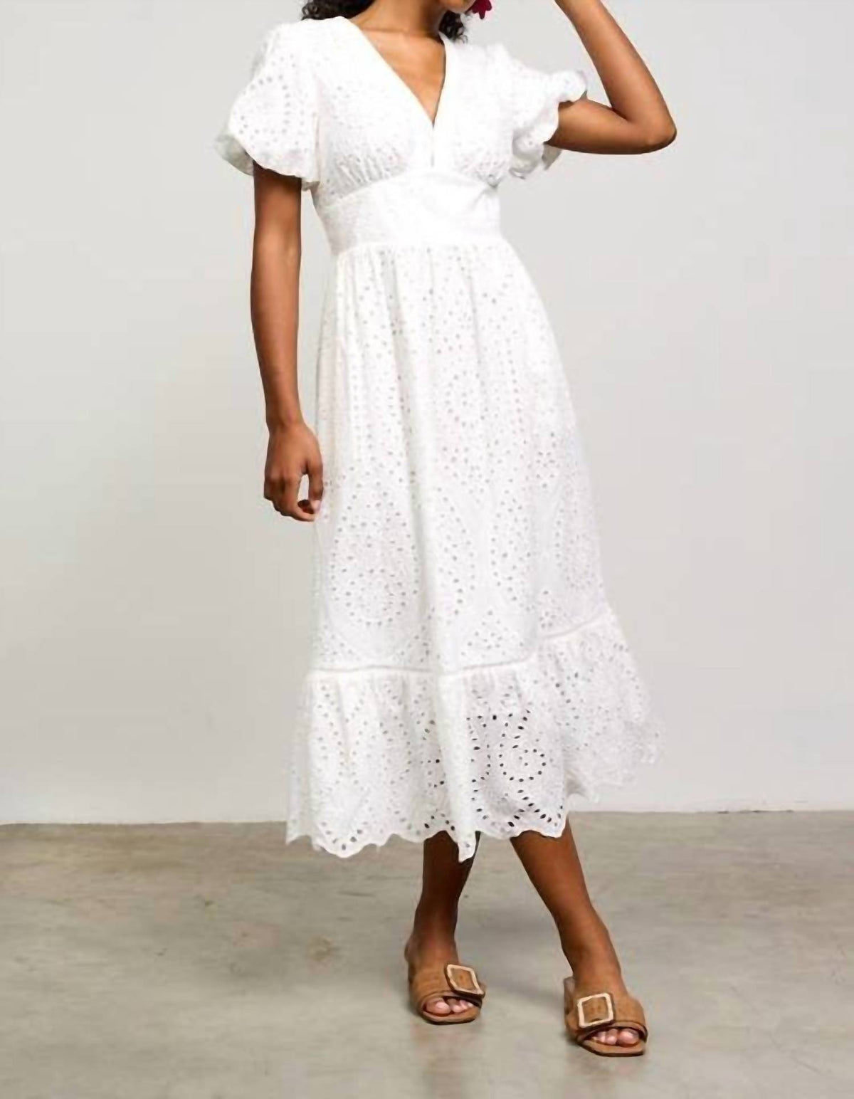 Skies Are Blue - Eyelet Lace Smocked Back Midi Dress