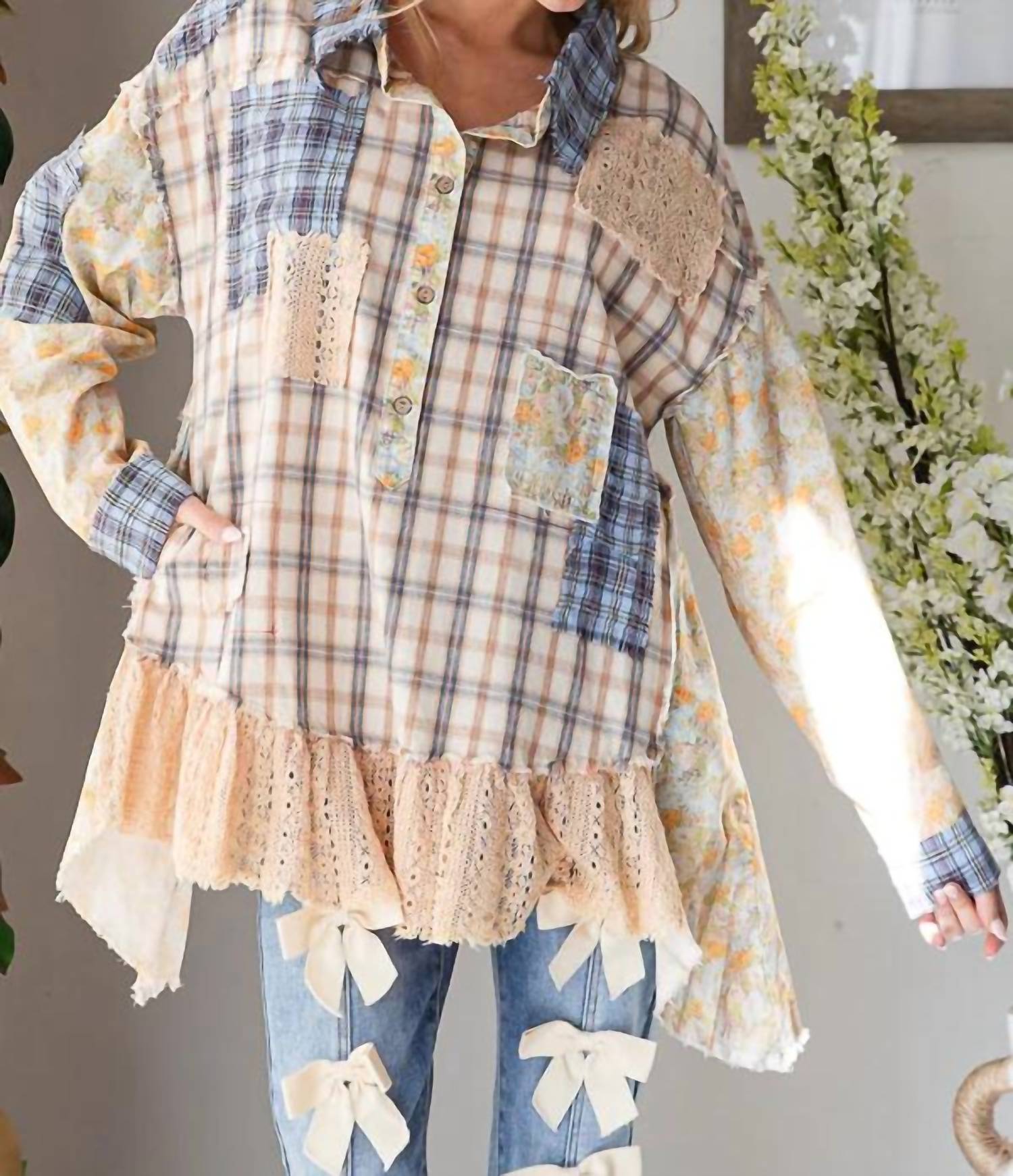 Oli & Hali - Washed Ruffle Hem Plaid Mix Top