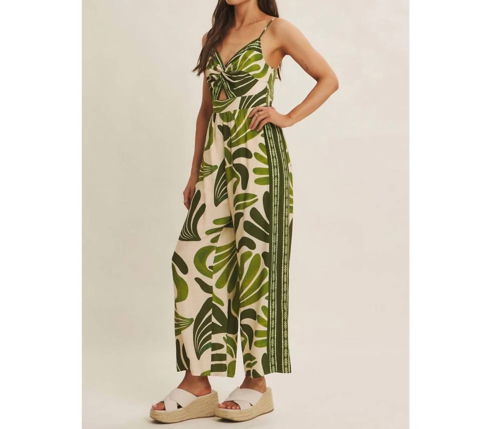 In February - Island Breeze Border Print Knot Front Wide-Leg Jumpsuit