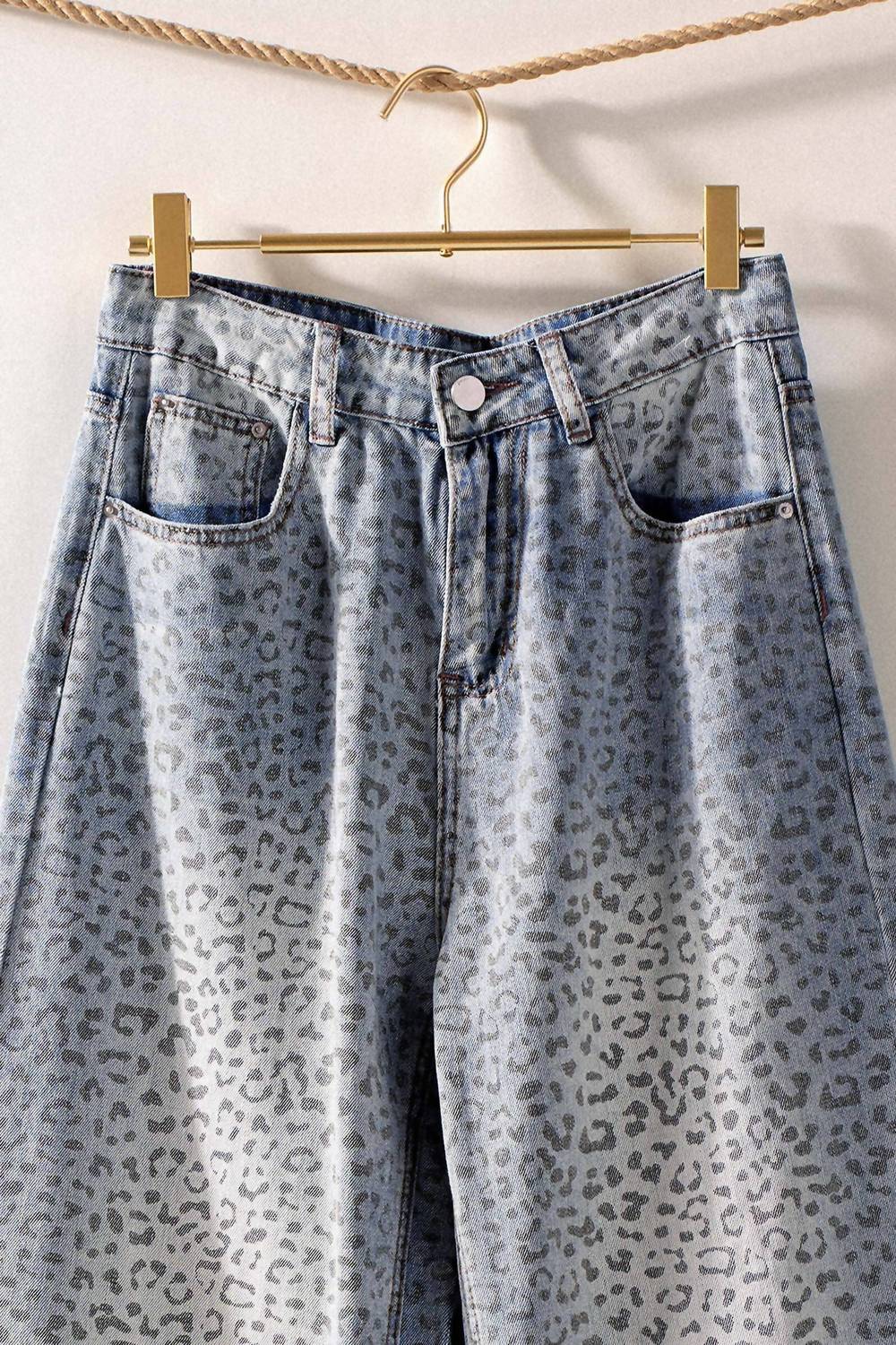Urban Daizy - Leopard Print Wide-leg Denim Pants