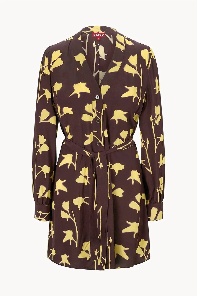 staud brown and yellow dress STAUD Dena Poplin Dress on the vine golden