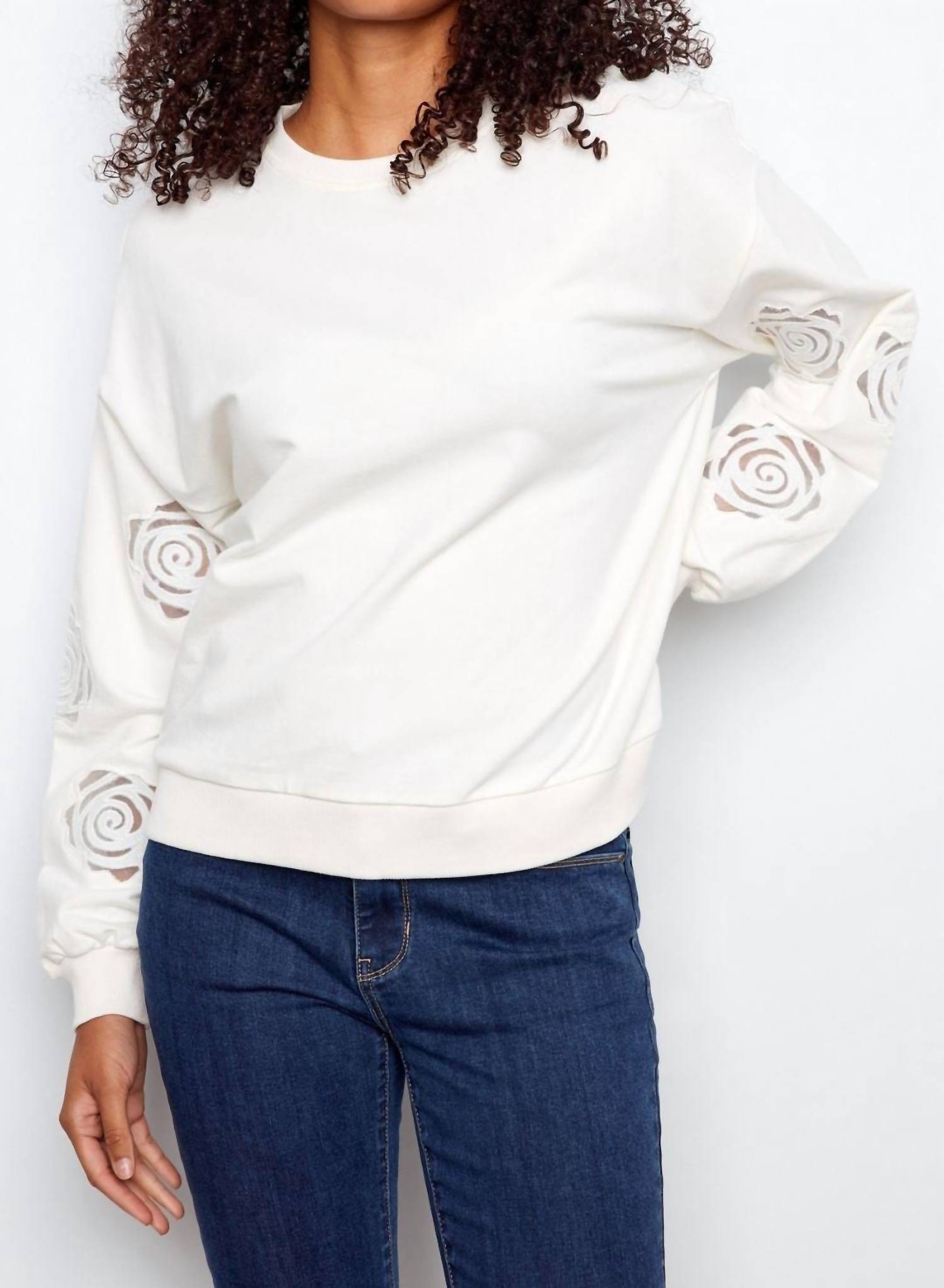 CHARLIE B French Terry Floral Embroidery Long Sleeve Top in white - women's long sleeve top - alternate view
