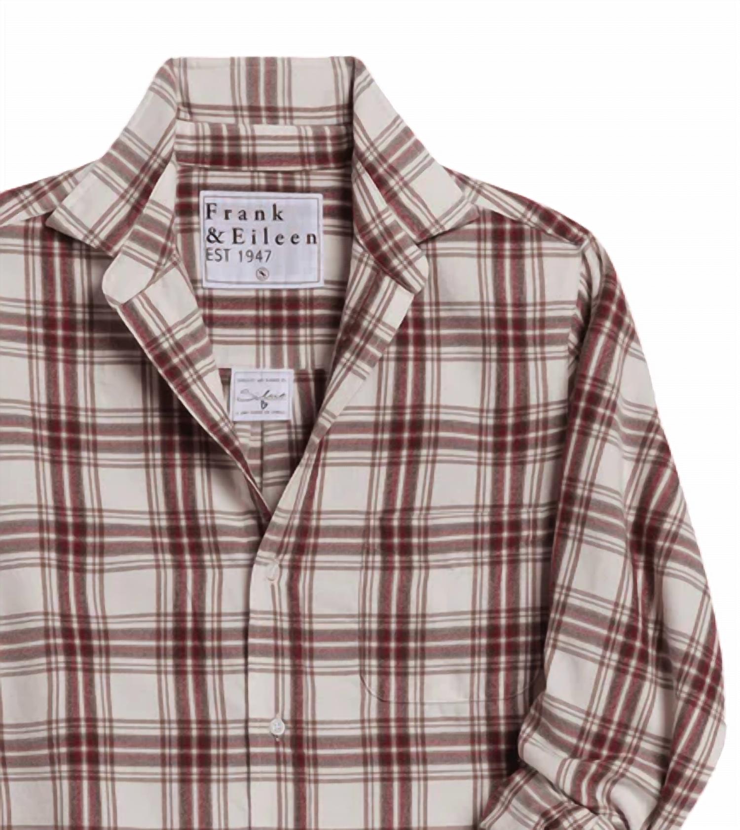 Frank & Eileen Women's Silvio Untuckable Button-up Shirt in cream wine brown plaid - women's shirt - alternate view