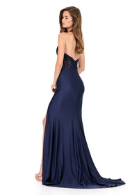 ASHLEYlauren Halter Embroidered Lace Bodice Gown in navy - women's dress - alternate view