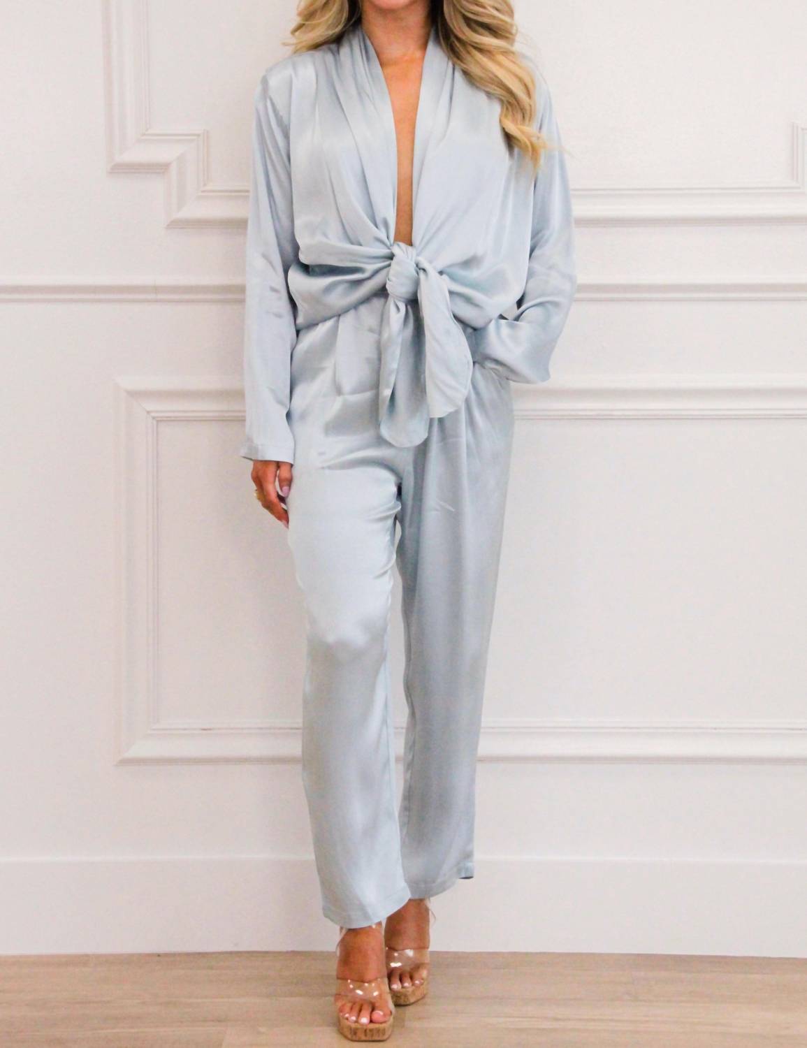 Mable - Mandy Plunging Satin Tie Jumpsuit