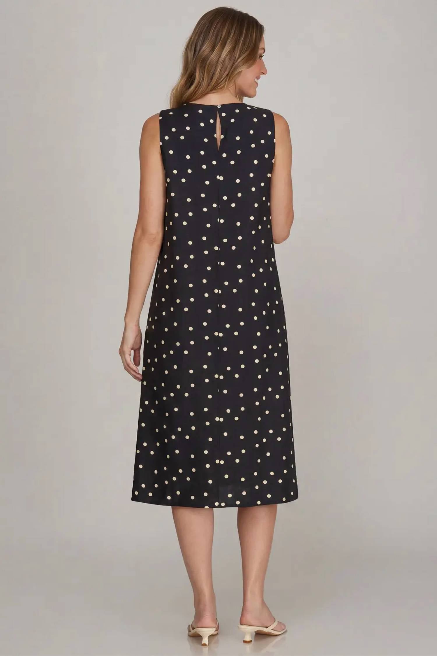 She + Sky - Sleeveless Woven Polka Dot Midi Dress