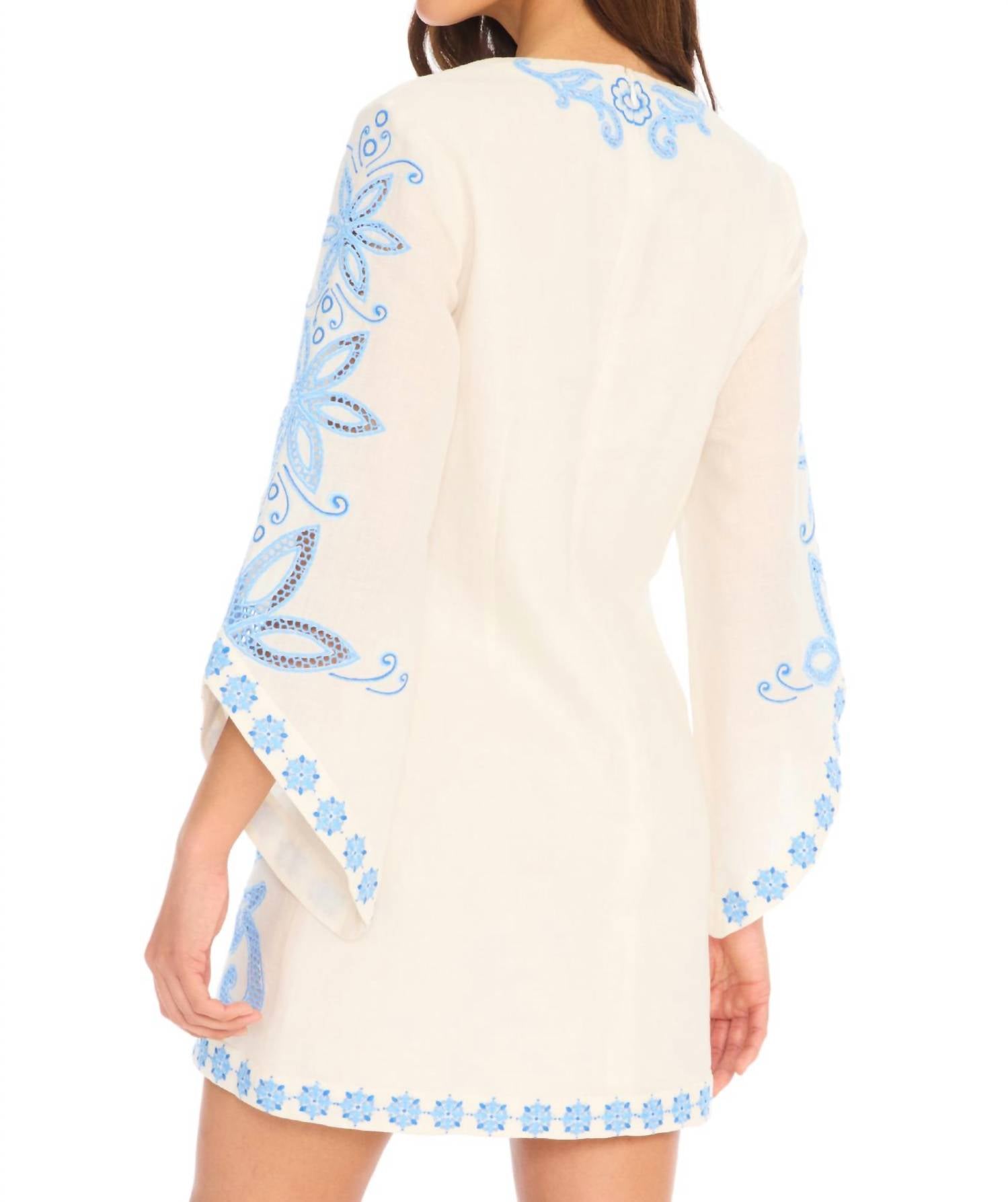 ALLISON NEW YORK EMBROIDERED ALINA DRESS in blue white - women's dress - detail view