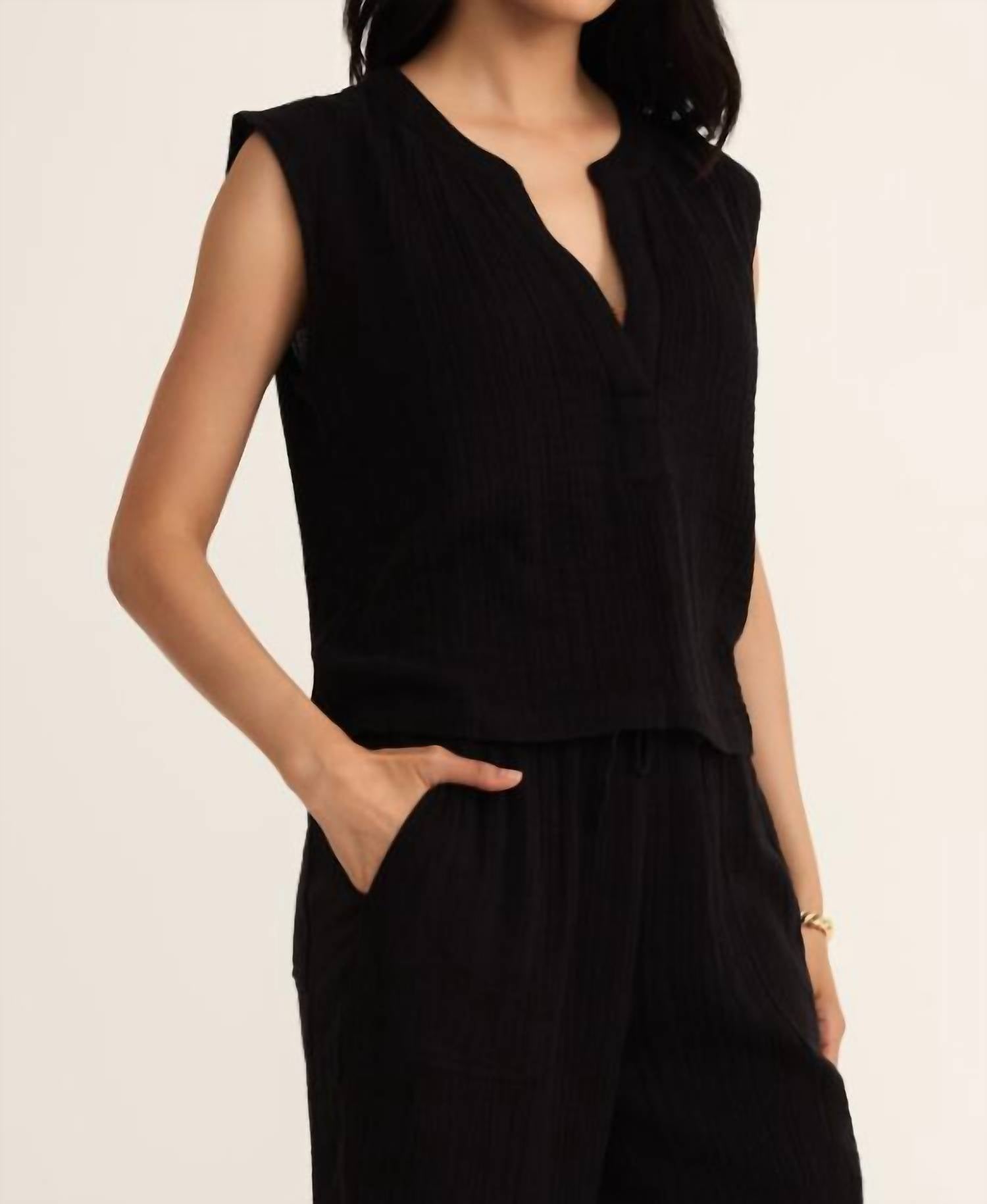 Z Supply Cliffside V-neck Airy Top in black - women's tank top - detail view