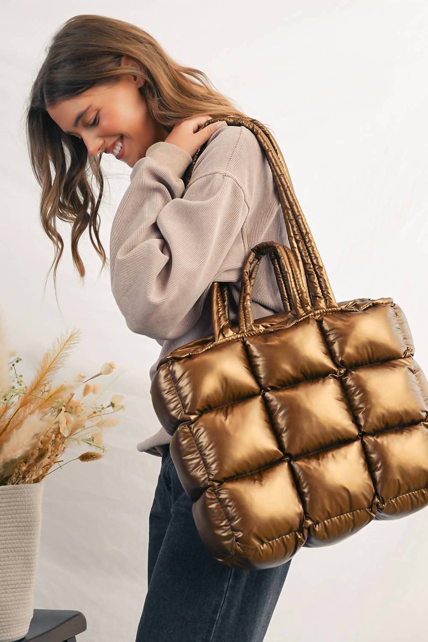 Aapparella Women's Quilted Puffer Tote Bag in gold - women's bag - alternate view