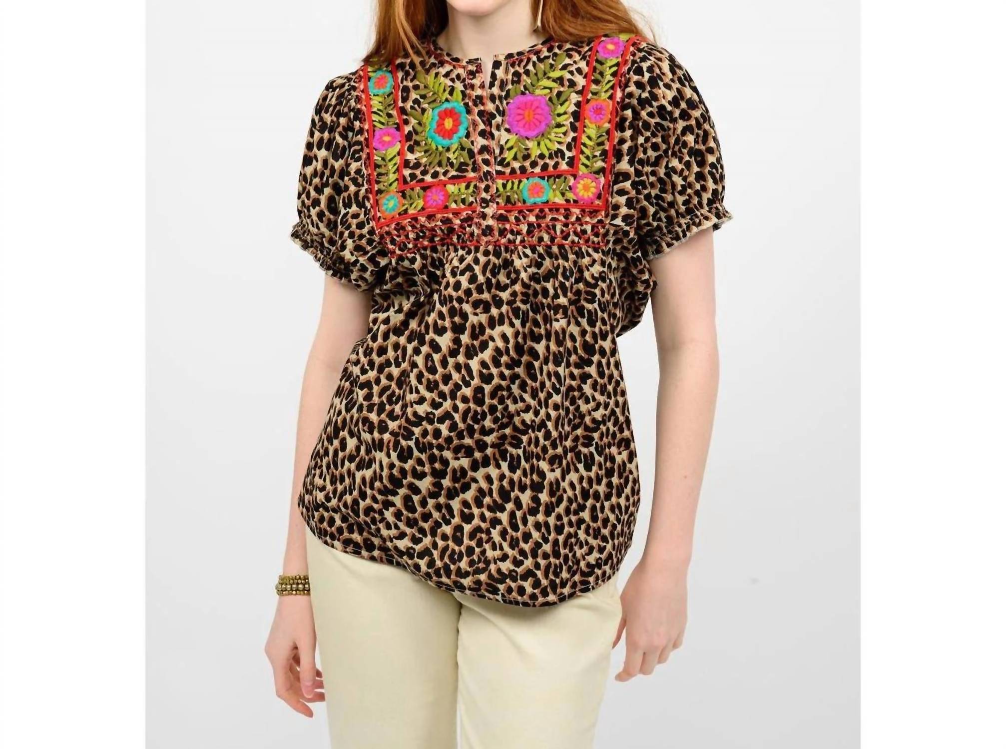 Sister Mary Fabiola Embroidered Short Sleeve Top in leopard - women's t-shirt