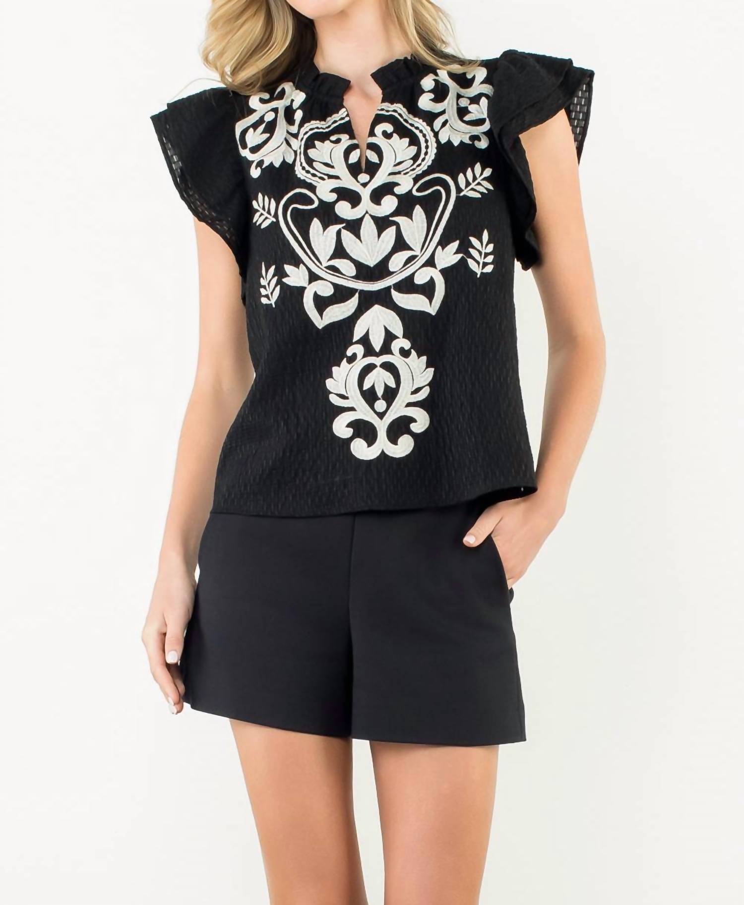 THML Flutter Sleeve Embroidered Textured Top in black - women's blouse - detail view