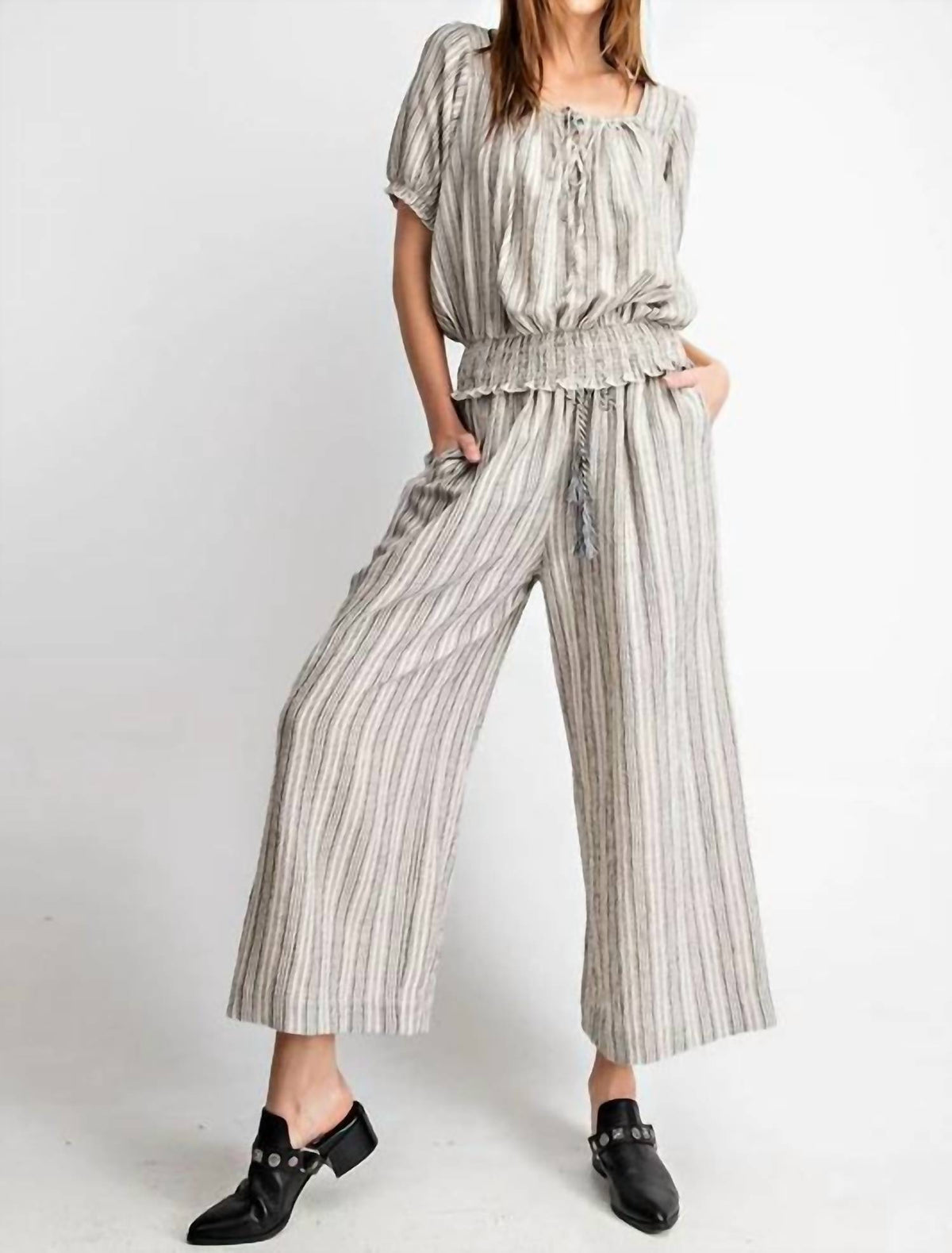 Easel - Kenzie Stripe Cropped Blouse