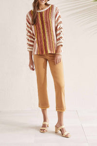 TRIBAL 3/4 Sleeve Lace Up Boat Neck Sweater in brandy multi - women's sweater - detail view